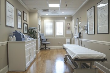 Obraz premium A doctor's office with soft, neutral color , chair and comfortable examination table.