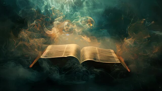 Ancient Bright Bible on Dark Smoky Background. The Light of God