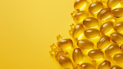 Fototapeta premium Top view of Omega-3 fish oil capsules and Vitamin D3 capsules on a yellow background, dietary supplements advertising, isolated background, studio lighting