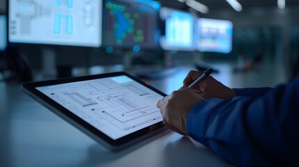 Fototapeta premium Engineer using digital tablet with technical diagrams in control room. Technology and innovation for modern engineering solutions.