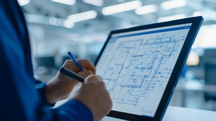 Engineer working on a digital tablet with a detailed schematic diagram in a modern industrial setting.
