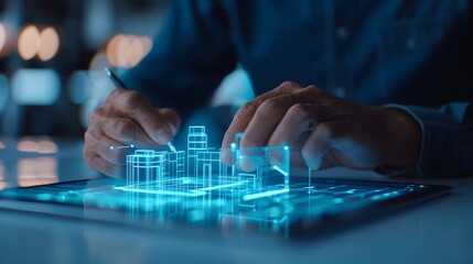 Hands working with futuristic digital tablet displaying virtual cityscape hologram, representing technology in urban planning and smart cities.