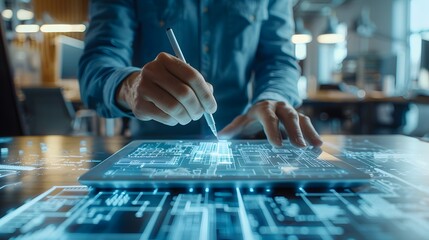 Man using stylus on digital tablet with holographic interface in modern office. Concept of technology, innovation, and futuristic workspace.