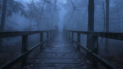 Wooden bridge appearing through dense fog in a forest, trees on both sides, their forms blending with the misty night, eerie and atmospheric