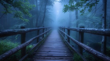 Obraz premium Wooden bridge emerging in a misty forest, trees on both sides fading into the night fog, creating a mysterious and raw scene