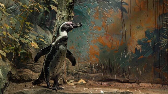 A penguin is standing on a rock in a zoo enclosure. Generate AI