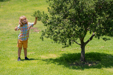 Cute kid boyon meadow. Happy child resting in fresh spring grass, hold tree brunch.