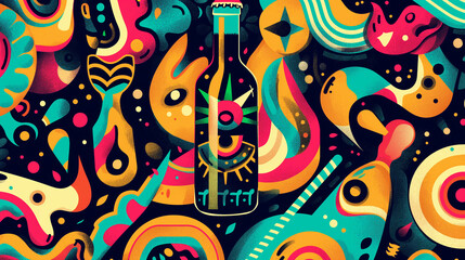 Fototapeta premium A vibrant and colorful illustration of the drink bottle, surrounded by abstract shapes with psychedelic patterns and doodles