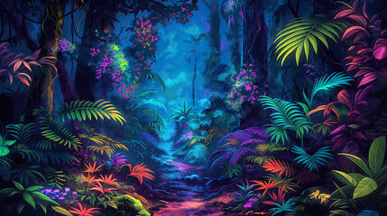 Obraz premium A vibrant digital painting of an enchanted rainforest, with colorful flora and fauna. The dense forest is filled with towering trees, lush greenery, exotic plants, and glowing flowers in neon colors