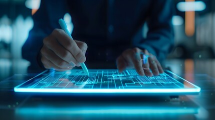 Fototapeta premium Person using a stylus on a futuristic digital tablet displaying advanced technology interface in a modern workspace.
