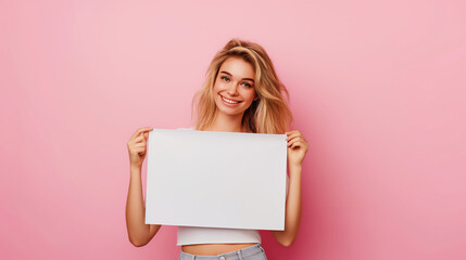 Beautiful smiling blonde woman holding a white blank paper sheet on a pink background, looking at the camera, in the style of mockup