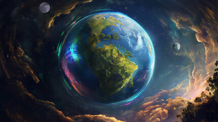 Earth globe, plash art league of legends style, inside there is an island with forest and mountains, colorful nebula around the sphere