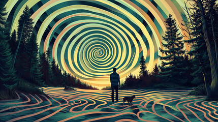 Man with dog in forest, psychedelic art, swirling lines, colorful trippy landscape, symmetrical patterns, man walking through field of stripes in the style of circular portal floating above him