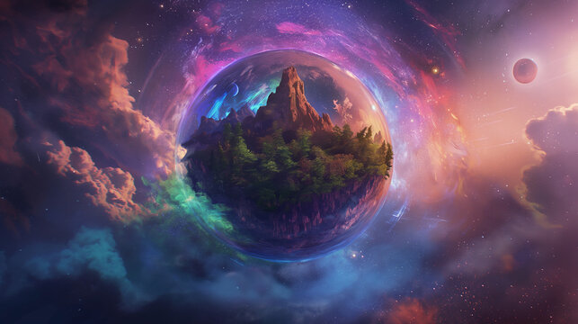 Sphere elementaire sandy earth, splash art league of legends style, inside there is an island with forest and mountains, colorful nebula around the sphere