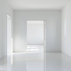 The building features a spacious white hallway adorned with many windows and doors, exuding a sense of openness and brightness in its interior design