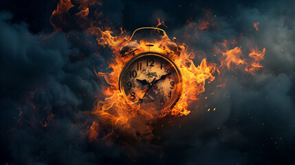 Burning clock engulfed in flames against a dramatic stormy sky