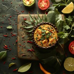 A plantbased recipe featuring a bowl of food surrounded by terrestrial plants and garnished with fresh fruits, showcasing the art of cuisine using natural ingredients