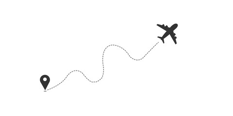 Airplane routes, Travel icon, Travel from start point and dotted line tracing, Plane routes flight air dotted map drawing.