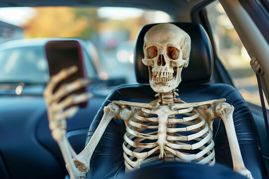 In a humorous twist on distracted driving, a skeleton is seen using a smartphone inside a car, showcasing the dangers in a comical approach
