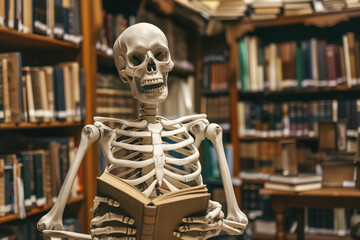 In a quaint library, a skeleton reads a book, creating an eerie and mysterious atmosphere, perfect for lovers of gothic and horror literature