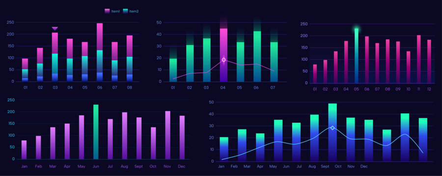 set of colorful cool data visual growth trend bar chart futuristic diagram