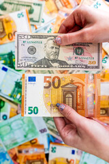 Mix of world currency banknotes: USD, EURO, CHF, LEI