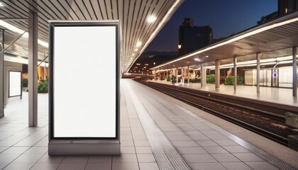 Obraz premium White Billboard in Metro Station - Billboard at Train Stop in Metropolis - Background for Mockup and Placement for Advertisement - Vertical or Horizontal Blank Poster Whitebox Template