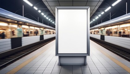 White Billboard in Metro Station - Billboard at Train Stop in Metropolis - Background for Mockup and Placement for Advertisement - Vertical or Horizontal Blank Poster Whitebox Template