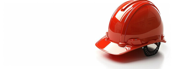 A red hard hat with a black band sits on a white background. The hat is a safety helmet and is designed to protect the wearer from potential hazards. Concept of caution and responsibility