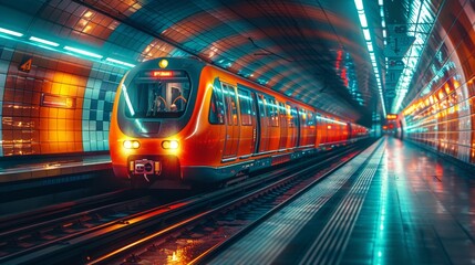 Modern Underground Train Station with Vibrant Lighting - Generative AI