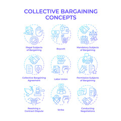 Fototapeta premium Collective bargaining blue gradient concept icons. Labor unions, working conditions. Employees protests. Icon pack. Vector images. Round shape illustrations for infographic. Abstract idea