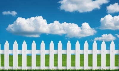 White picket fence with green grass and blue sky
