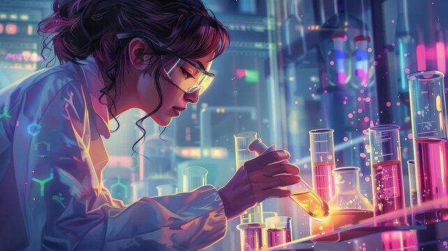 A young scientist observing a chemical reaction in a state-of-the-art laboratory, vibrant colors, realistic style, focused, groundbreaking experiment
