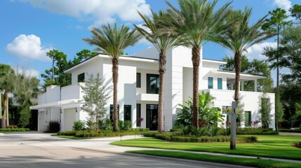 A large white house with a large garage and a palm tree in the background. Generate AI