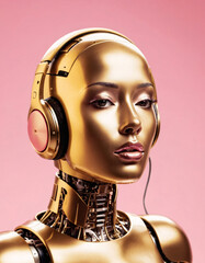 golden robotic person in pink background