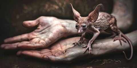 Obraz premium A close-up of a small, alien-like creature with big ears and a long tail standing on a human hand. AI.