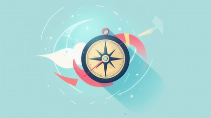 A simple, minimalist illustration of a compass with a blue background and abstract white and red shapes. This image is ideal for navigation apps, travel services, and websites. Generative AI