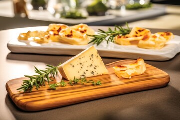 Various cheese slices elegantly arranged on rustic wooden board for elegant display