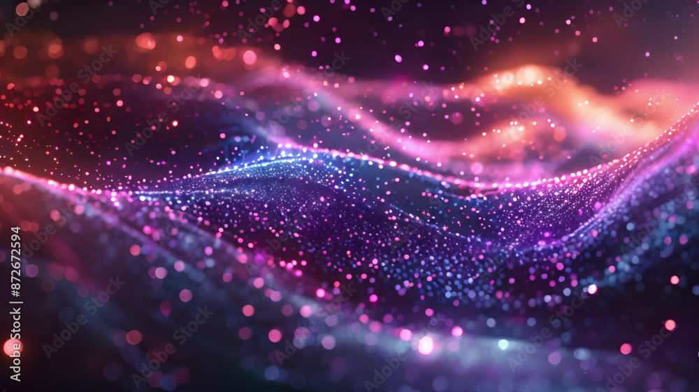 Poster A digitally rendered image of abstract pink and blue glittering waves, creating a dynamic and mesmerizing pattern.