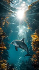 Fototapeta premium Playful dolphins swimming in the blue ocean, surrounded by marine animals in their natural habitat, creating a captivating ocean landscape.