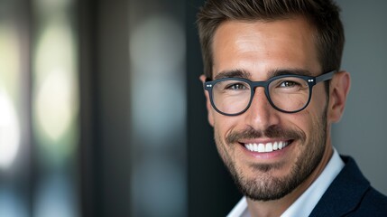 Fototapeta premium A man with glasses is smiling and wearing a suit. He looks confident and happy. Concept of professionalism and positivity