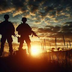 Obraz premium Soldier silhouette at sunset, standing on battlefield, in modern warfare 