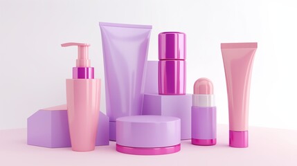 A display of various beauty products arranged on a table. The products include a bottle of lotion, a tube of lip balm, and a bottle of perfume