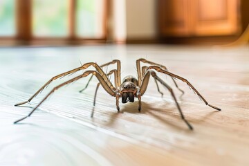 A sizeable arachnid with multiple eyes, known as a spider, rests on a wooden surface. This terrestrial organism, an invertebrate pest, is a type of arthropod commonly found indoors