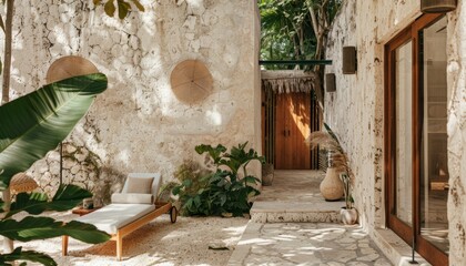 Luxurious hotel interior design, with limestone and concrete accents, nature aesthetic