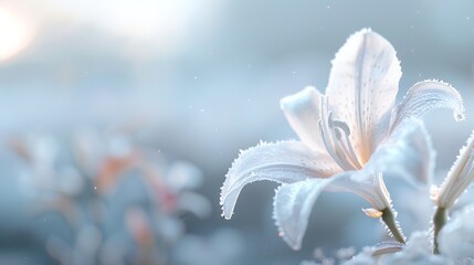 White lily on a frosty stem, snowflakes gently falling, soft-focus background highlighting its pure elegance.