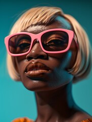 Young black female model in sunglasses in stylish clothes in fashion editorial style. Bold  vibrant high fashion visual in neon colors.