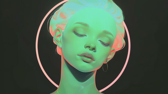A portrait of godness with closed eyes, peach and light green light, glowing halo with flowers on black background, minimalism, artistic style illustration design