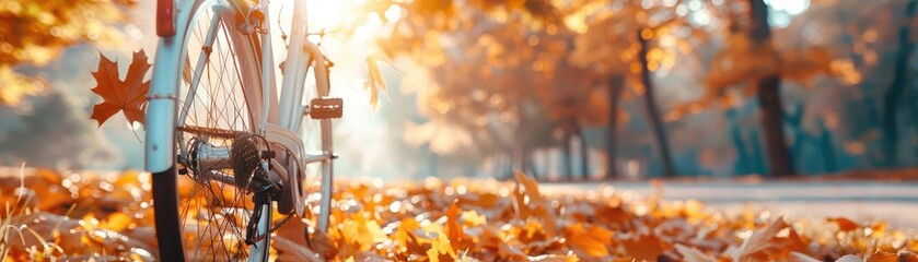 Cycling through a park with vibrant autumn foliage, crisp air, dynamic movement and joy