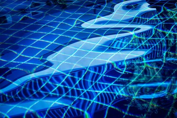 The image is of a pool with blue water and a blue net